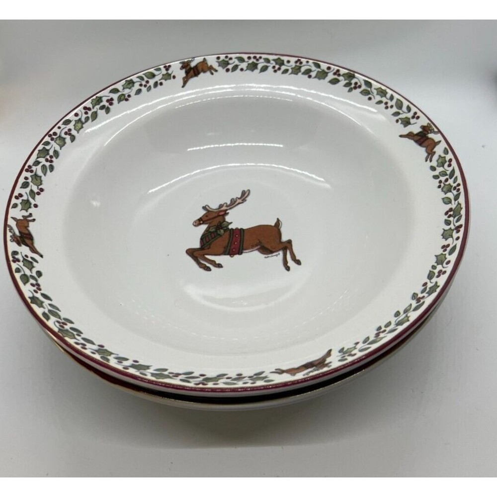 2 International China Over The Housetops Christmas Serving Bowls large reindeer